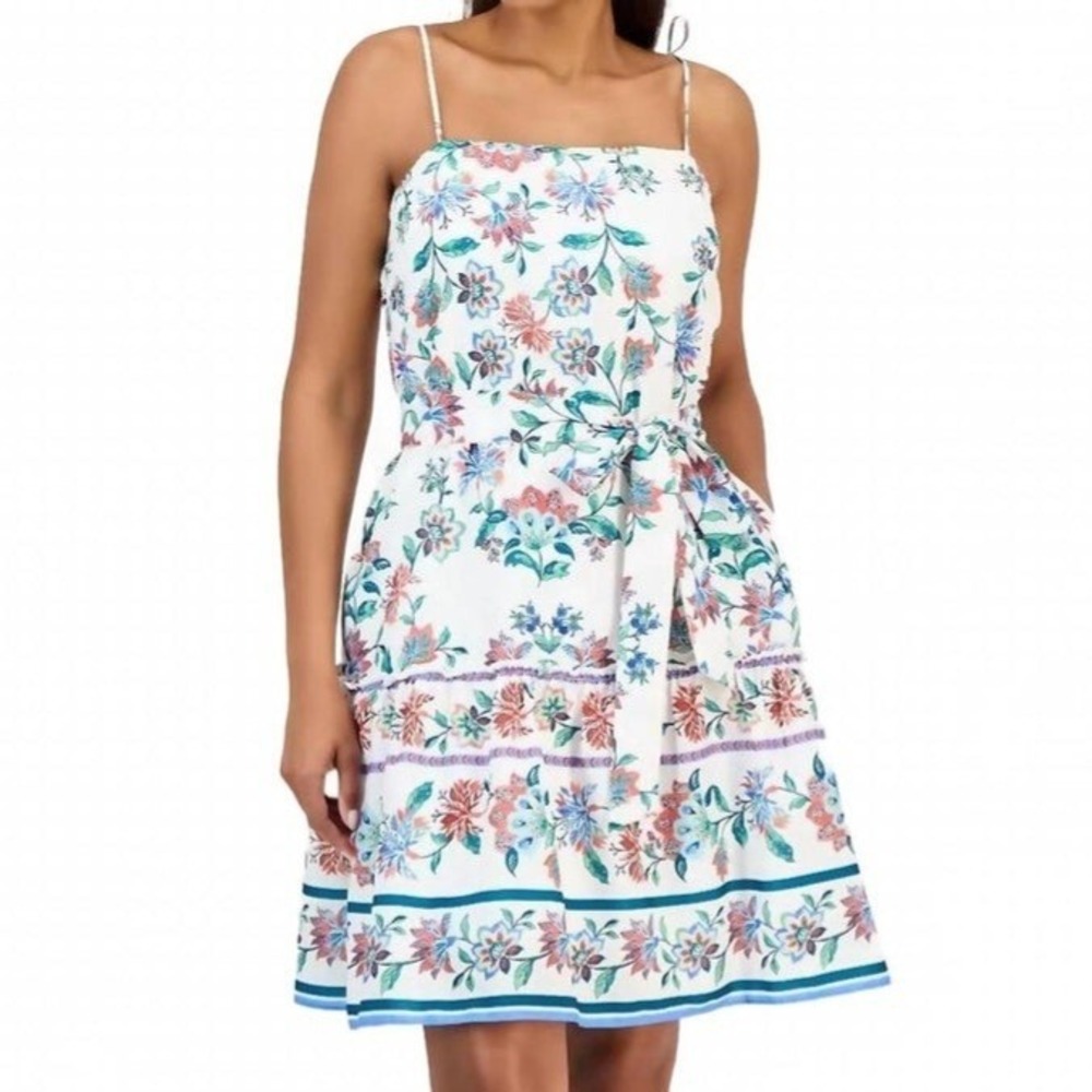 Julia Jordan Floral Print Ivory Multi Belted Square Neck Dress Womens Size L NWT
